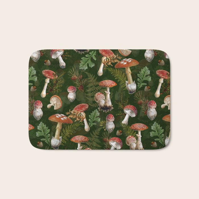 Vintage Dark Night Green Mushroom Forest Bath Mat Gallery Image 1