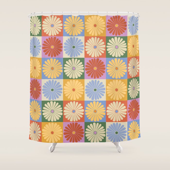 Retro Flowers Check Pattern XXIX Shower Curtain Gallery Image 1