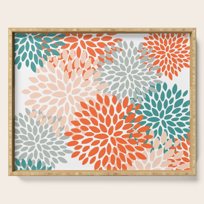 Floral Blooms, Orange, Teal, Gray Serving Tray Gallery Image 1