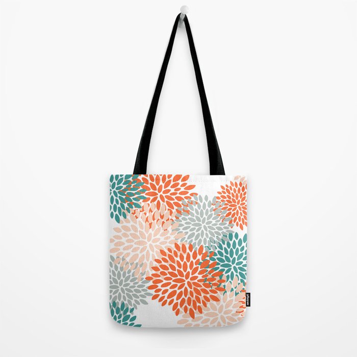 Floral Blooms, Orange, Teal, Gray Tote Bag Gallery Image 2