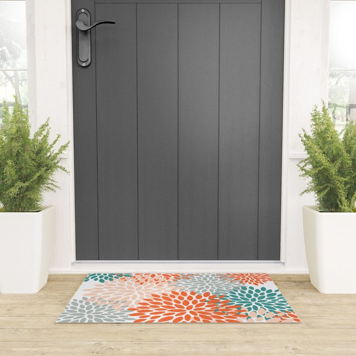 Floral Blooms, Orange, Teal, Gray Welcome Mat Gallery Image 3