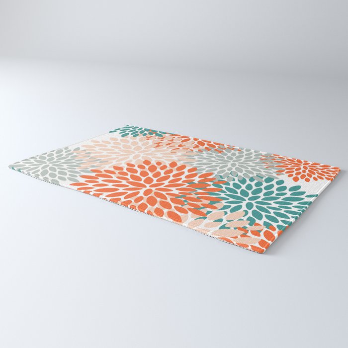 Floral Blooms, Orange, Teal, Gray Rug Gallery Image 3