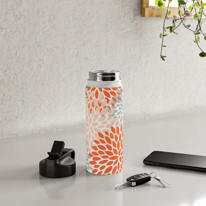 Floral Blooms, Orange, Teal, Gray Water Bottle Gallery Image 4
