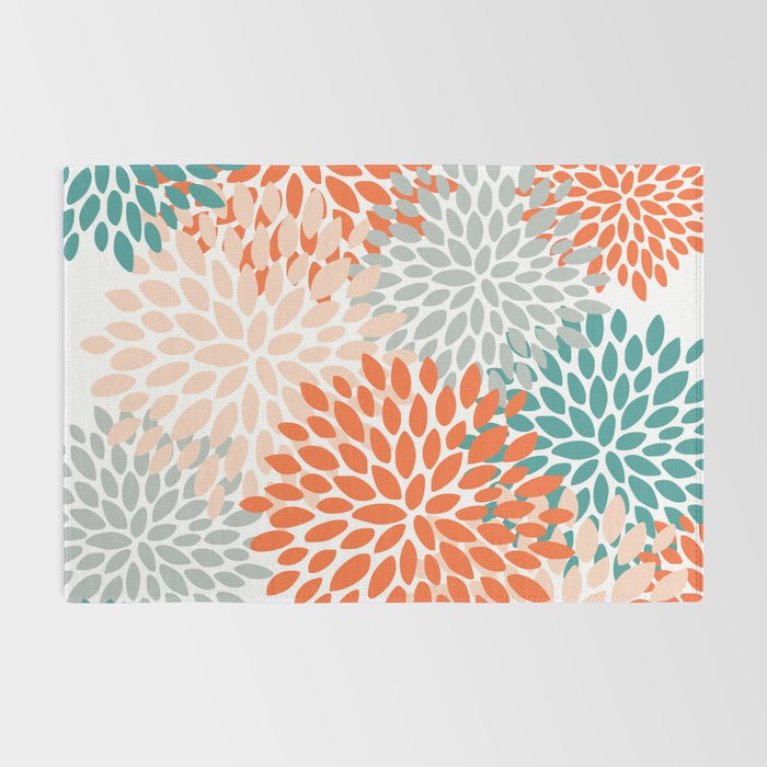 Floral Blooms, Orange, Teal, Gray Rug Gallery Image 2