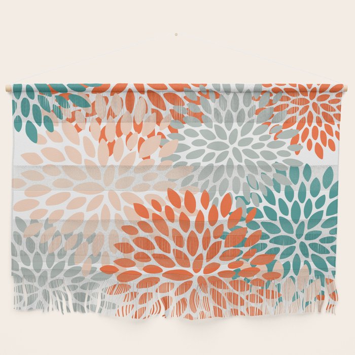 Floral Blooms, Orange, Teal, Gray Wall Hanging Gallery Image 1