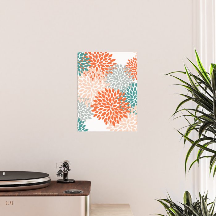 Floral Blooms, Orange, Teal, Gray Poster Gallery Image 2