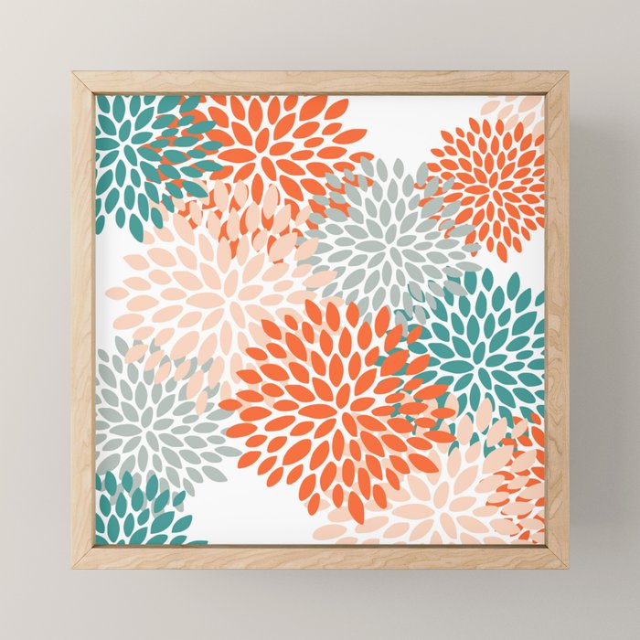 Floral Blooms, Orange, Teal, Gray Mini Art Print Gallery Image 1