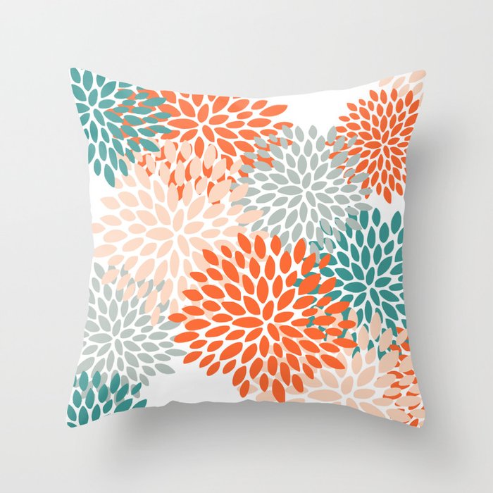 Floral Blooms, Orange, Teal, Gray Throw Pillow Gallery Image 6