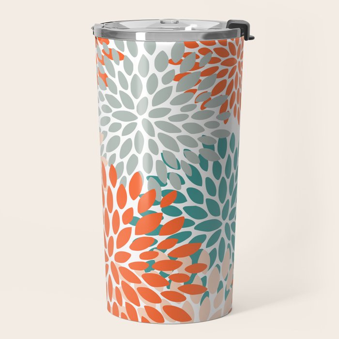 Floral Blooms, Orange, Teal, Gray Travel Mug Gallery Image 2