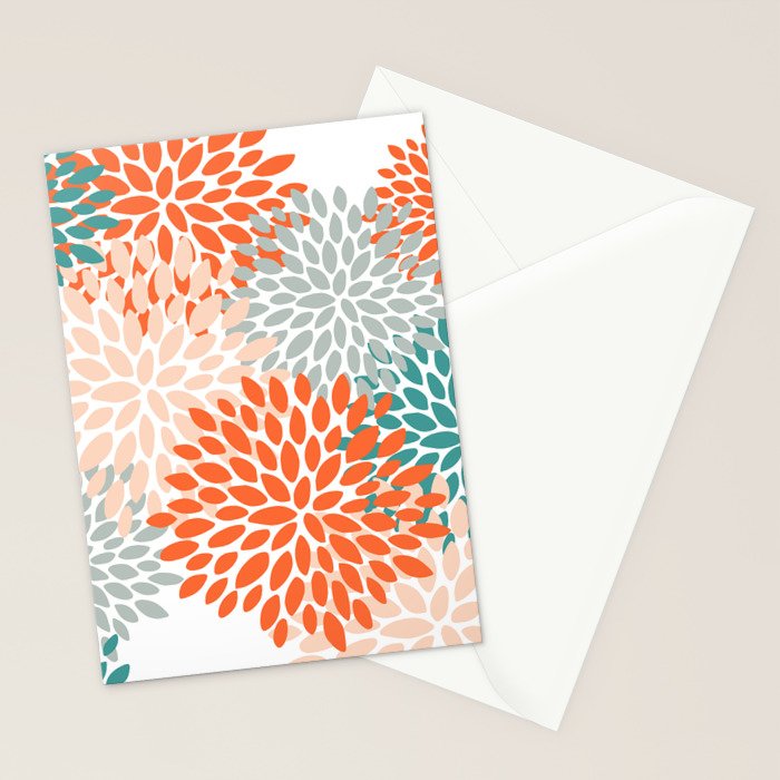 Floral Blooms, Orange, Teal, Gray Stationery Card Gallery Image 2