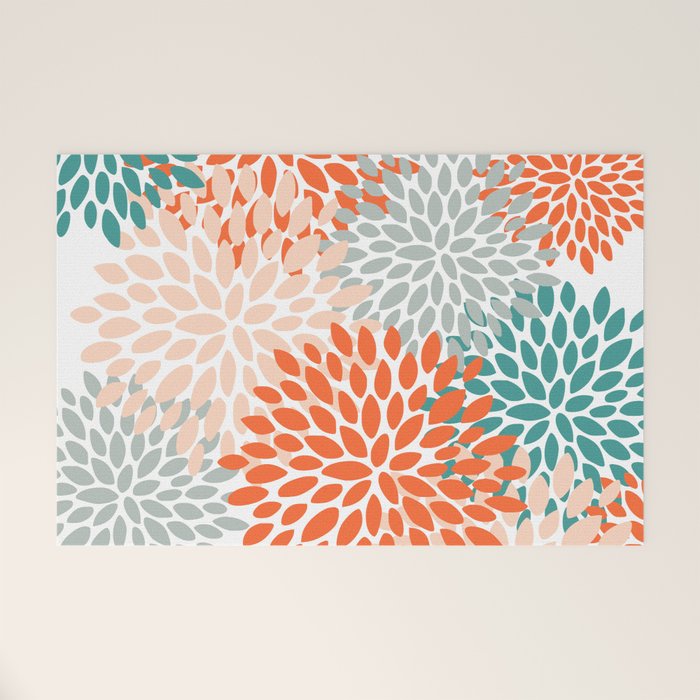 Floral Blooms, Orange, Teal, Gray Welcome Mat Gallery Image 1