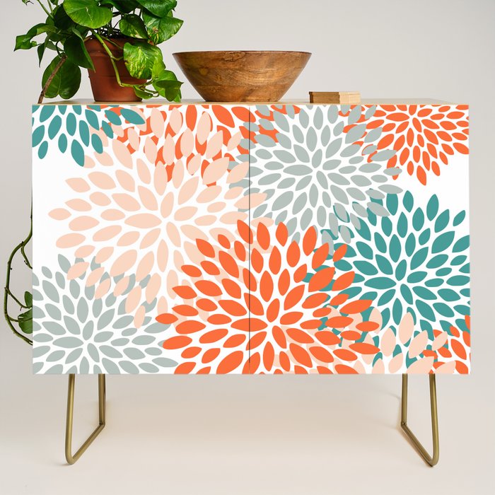 Floral Blooms, Orange, Teal, Gray Credenza Gallery Image 1