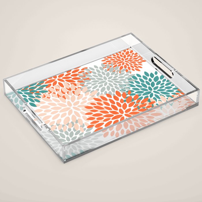 Floral Blooms, Orange, Teal, Gray Acrylic Tray Gallery Image 1