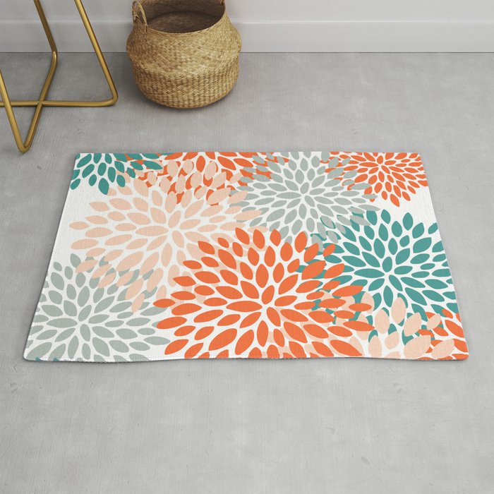Floral Blooms, Orange, Teal, Gray Rug Gallery Image 1
