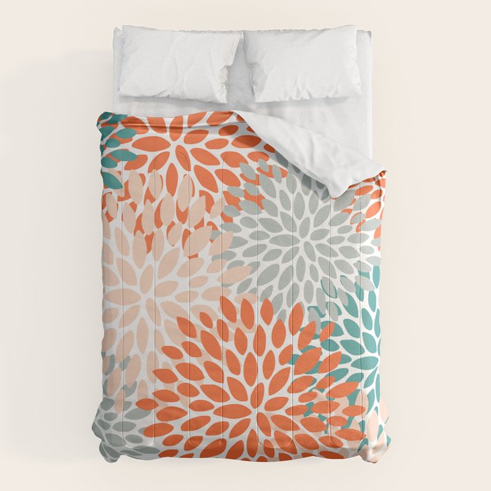 Floral Blooms, Orange, Teal, Gray Comforter Gallery Image 6