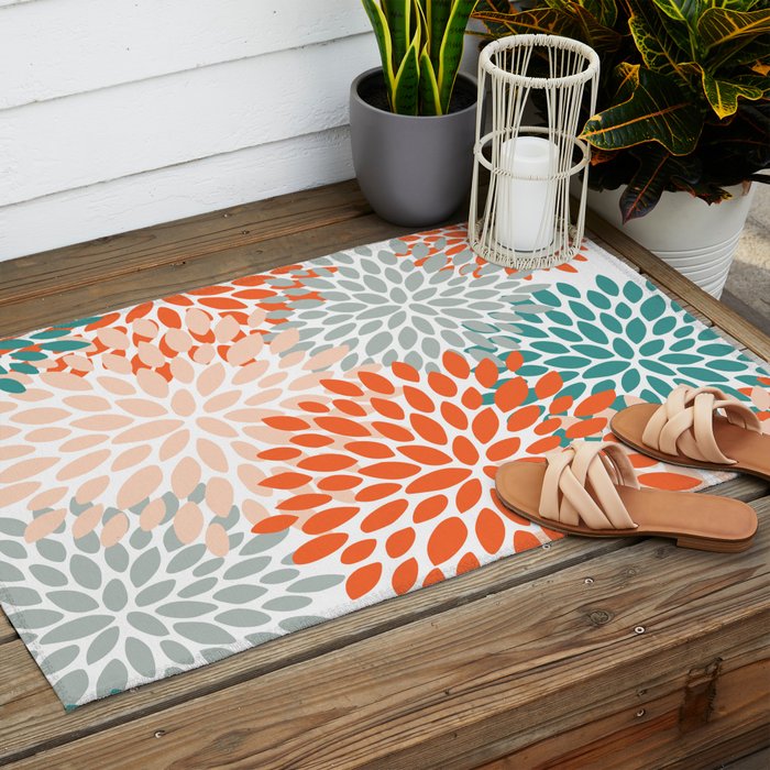 Floral Blooms, Orange, Teal, Gray Outdoor Rug Gallery Image 2