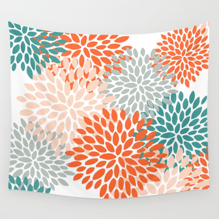 Floral Blooms, Orange, Teal, Gray Wall Tapestry Gallery Image 1