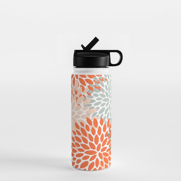 Floral Blooms, Orange, Teal, Gray Water Bottle Gallery Image 1