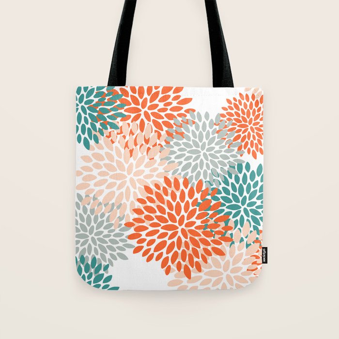Floral Blooms, Orange, Teal, Gray Tote Bag Gallery Image 1