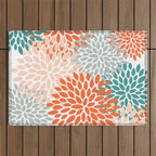 Floral Blooms, Orange, Teal, Gray Outdoor Rug Gallery Image 1
