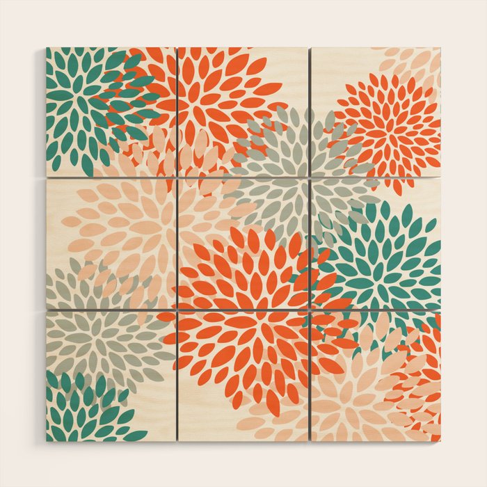 Floral Blooms, Orange, Teal, Gray Wood Wall Art Gallery Image 1