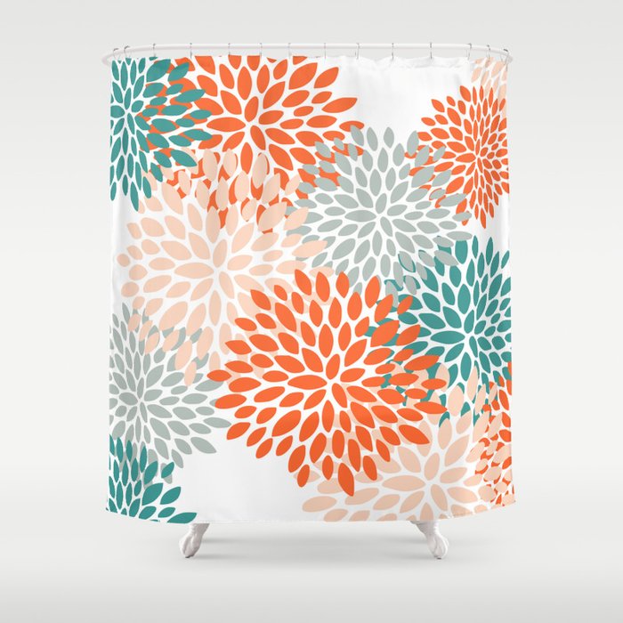Floral Blooms, Orange, Teal, Gray Shower Curtain Gallery Image 1