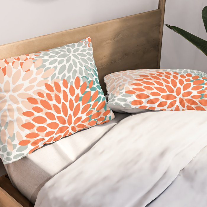 Floral Blooms, Orange, Teal, Gray Pillow Sham Gallery Image 2