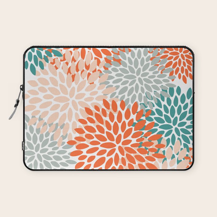 Floral Blooms, Orange, Teal, Gray Laptop Sleeve Gallery Image 1