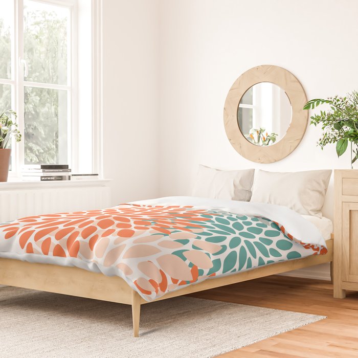 Floral Blooms, Orange, Teal, Gray Duvet Cover Gallery Image 2