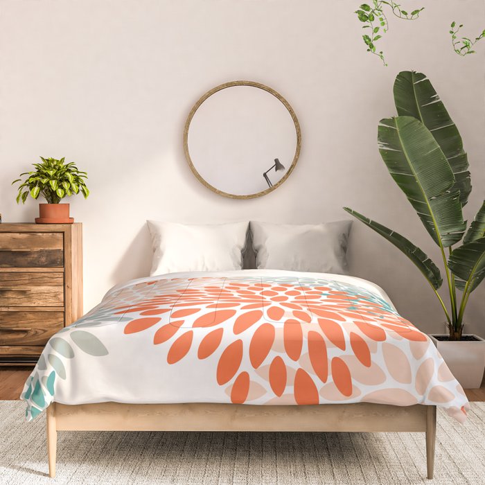 Floral Blooms, Orange, Teal, Gray Comforter Gallery Image 3
