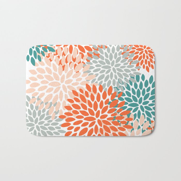 Floral Blooms, Orange, Teal, Gray Bath Mat Gallery Image 1