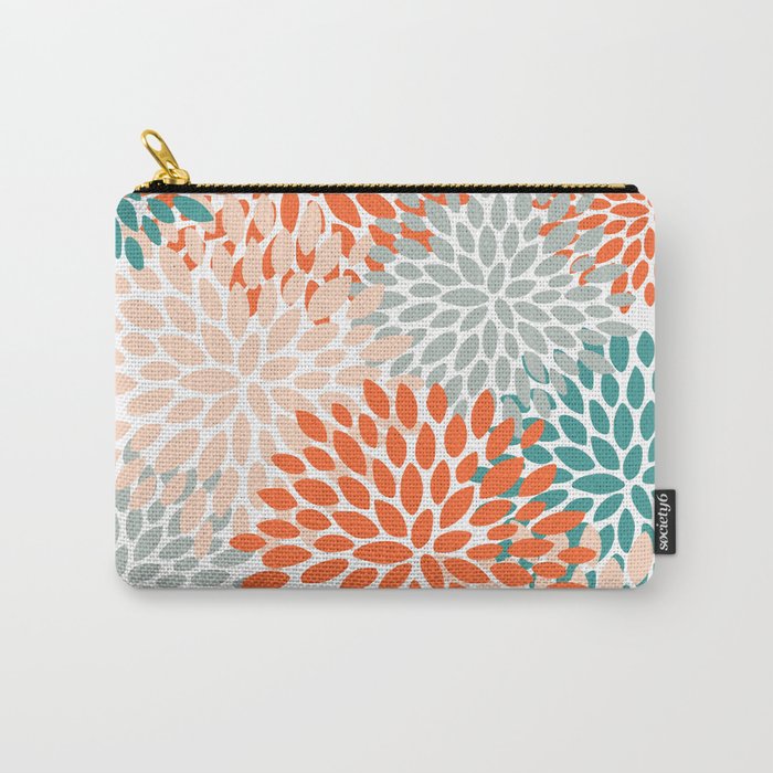 Floral Blooms, Orange, Teal, Gray Carry All Pouch Gallery Image 1