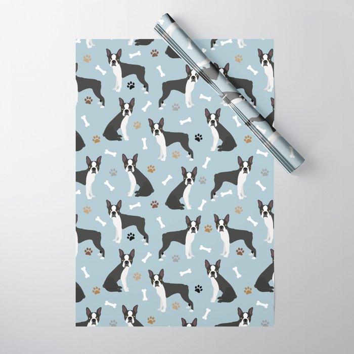 Boston Terrier Dogs Pattern Blue Wrapping Paper Gallery Image 1