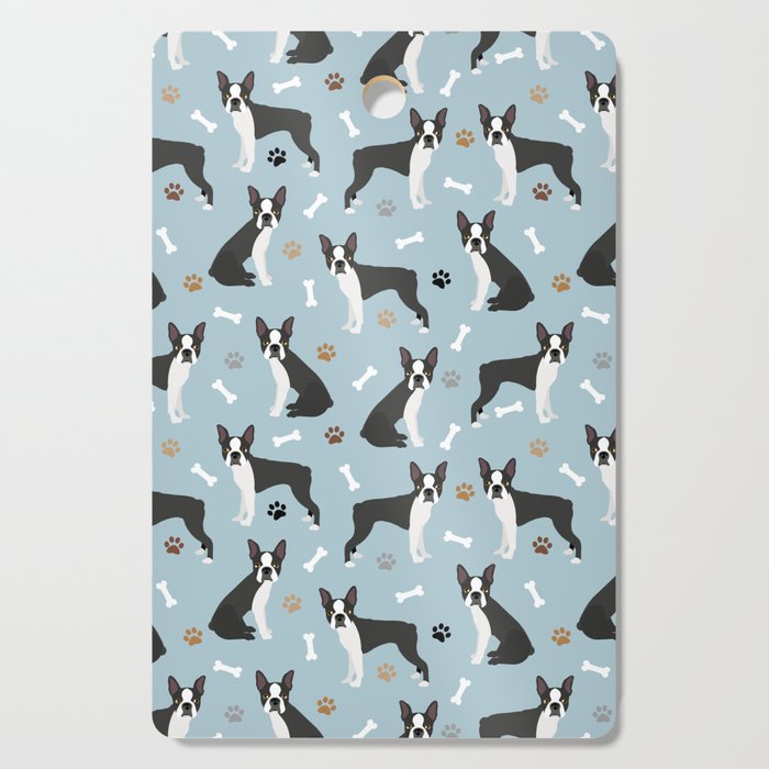 Boston Terrier Dogs Pattern Blue Cutting Board Gallery Image 1