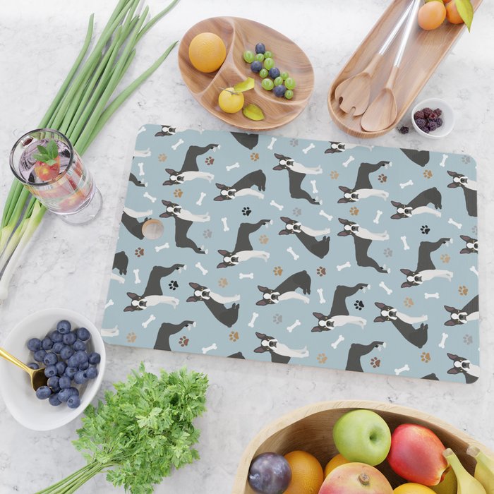 Boston Terrier Dogs Pattern Blue Cutting Board Gallery Image 2