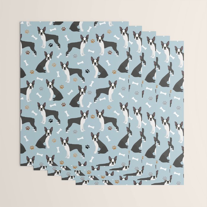Boston Terrier Dogs Pattern Blue Wrapping Paper Gallery Image 3