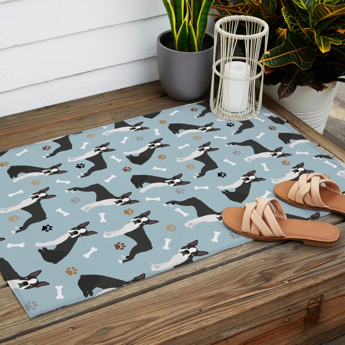 Boston Terrier Dogs Pattern Blue Outdoor Rug Gallery Image 2