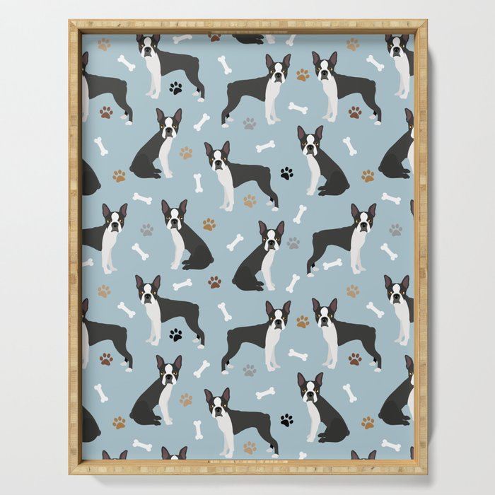 Boston Terrier Dogs Pattern Blue Serving Tray Gallery Image 1
