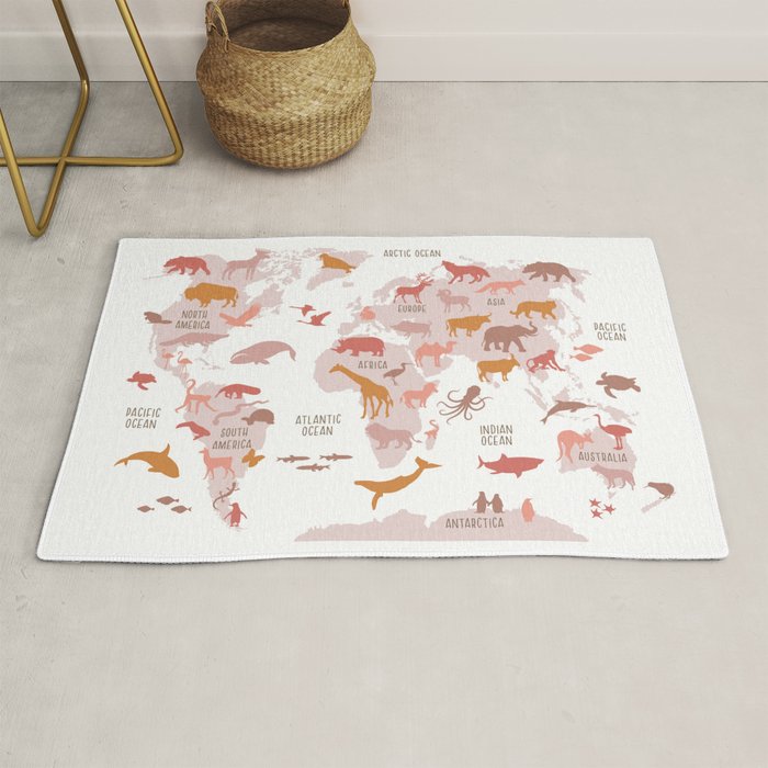 Kids animal world map in shades of pink, blush, rose. Minimalist Scandinavian style Rug Gallery Image 1