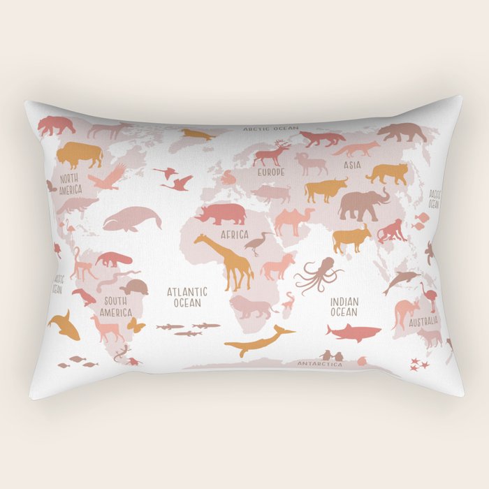 Kids animal world map in shades of pink, blush, rose. Minimalist Scandinavian style Rectangular Pillow Gallery Image 1