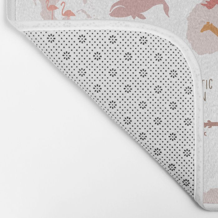 Kids animal world map in shades of pink, blush, rose. Minimalist Scandinavian style Bath Mat Gallery Image 2