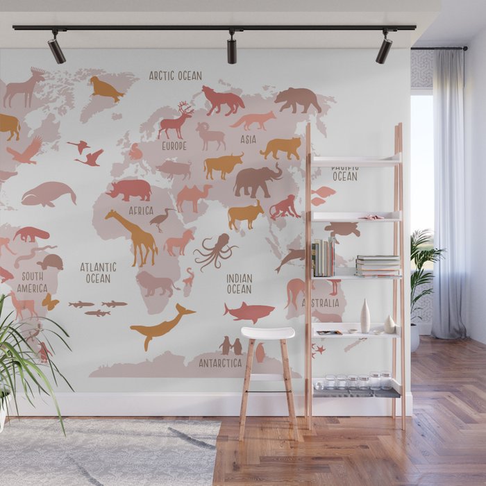 Kids animal world map in shades of pink, blush, rose. Minimalist Scandinavian style Wall Mural Gallery Image 1