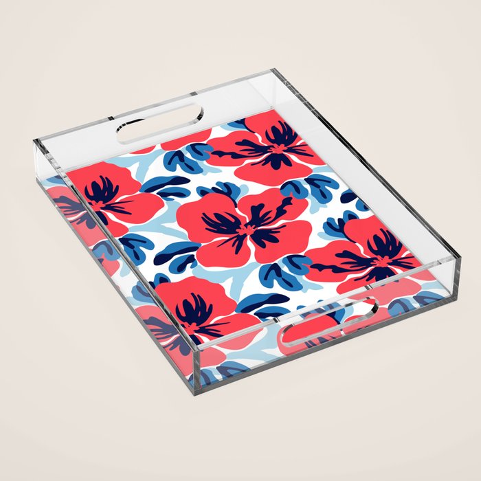 Tropical hibiscus summer flower art pattern Acrylic Tray Gallery Image 1