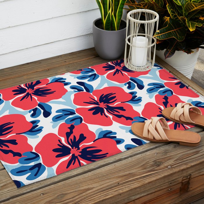 Tropical hibiscus summer flower art pattern Outdoor Rug Gallery Image 2