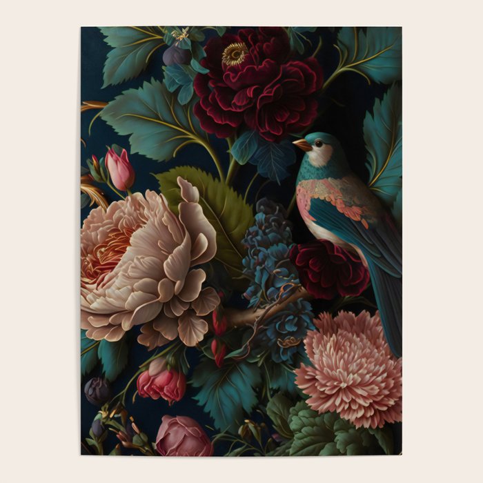 Vintage Bird and Dark Floral Print Poster Gallery Image 4