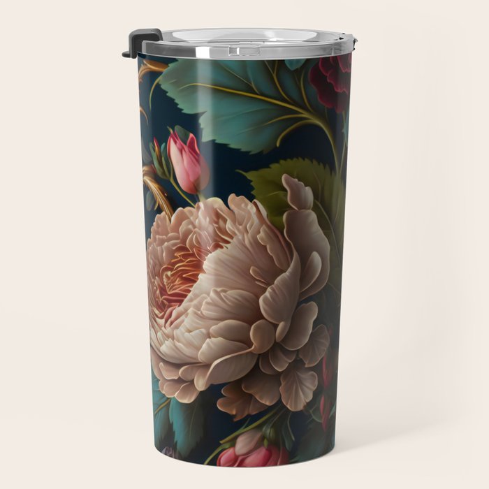 Vintage Bird and Dark Floral Print Travel Mug Gallery Image 3