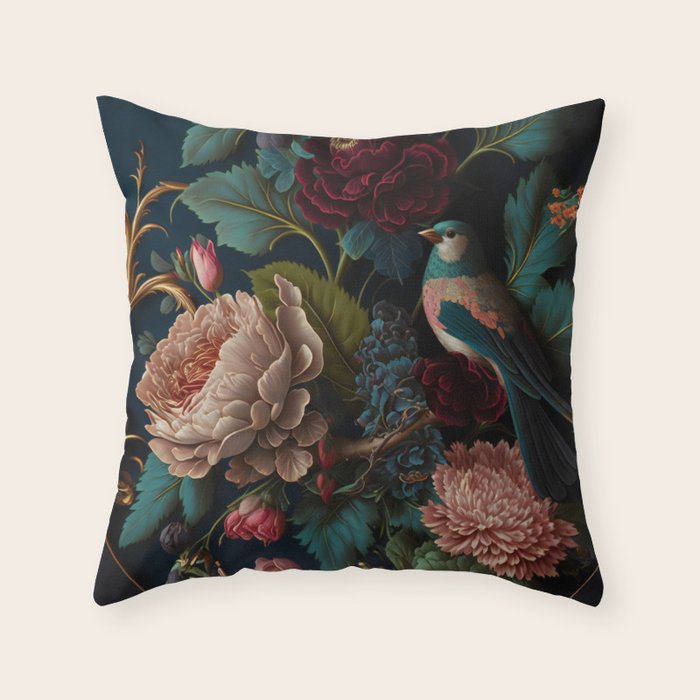 Vintage Bird and Dark Floral Print Throw Pillow Gallery Image 6