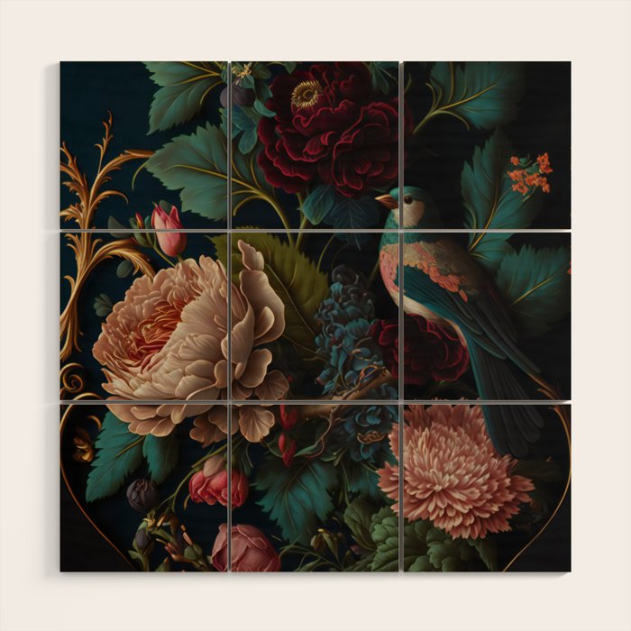 Vintage Bird and Dark Floral Print Wood Wall Art Gallery Image 1