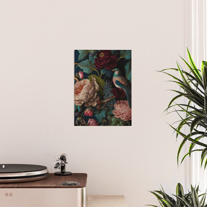 Vintage Bird and Dark Floral Print Poster Gallery Image 2
