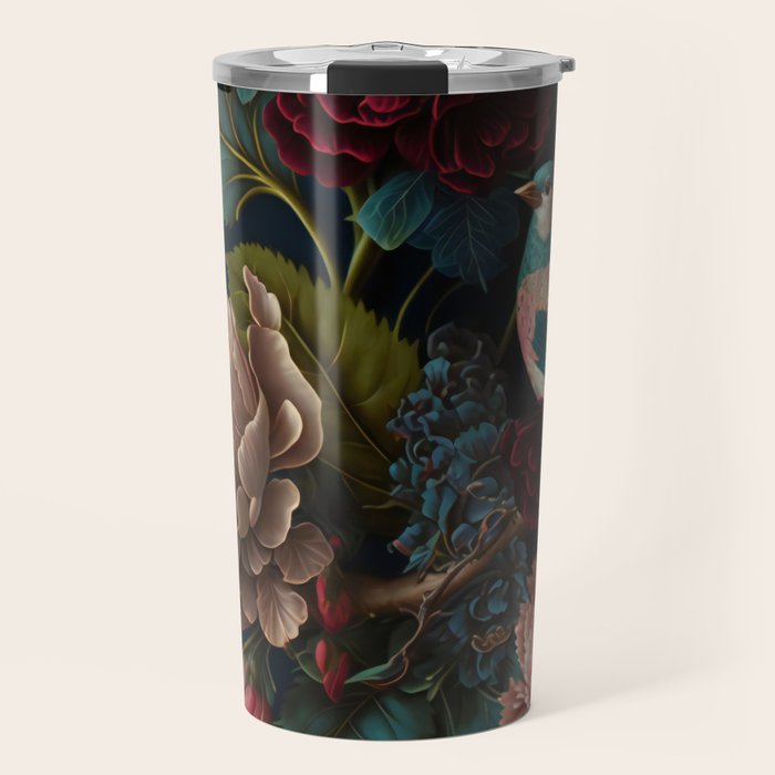 Vintage Bird and Dark Floral Print Travel Mug Gallery Image 1